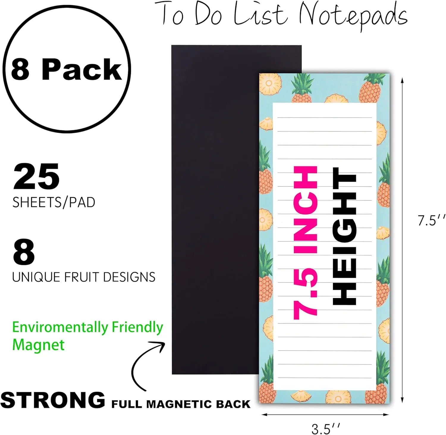 8 Magnetic Notepads  Notepads for Grocery List, Shopping List, To-Do List, Reminders -Strong Magnetic Back- Memo Notepad with Realistic Fruit Designs | 25 Sheets per Pad 7.5 x 3.5 inch (8 Pack)