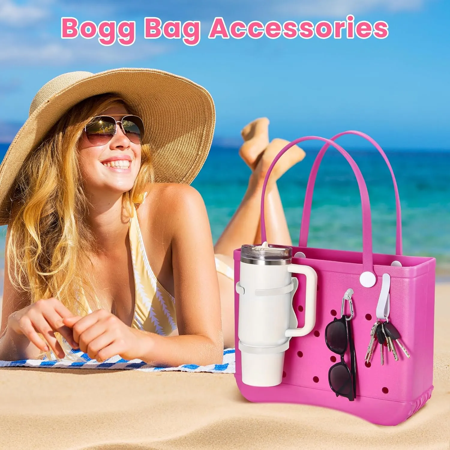 Accessories for Bogg Bag, Cup Holder for 30oz 40oz Stanley Cup, Foldable Drink Water Bottle Holder for All Bogg Bags, Insert Charm Carabiner Key Holder Hooks for Beach Bag