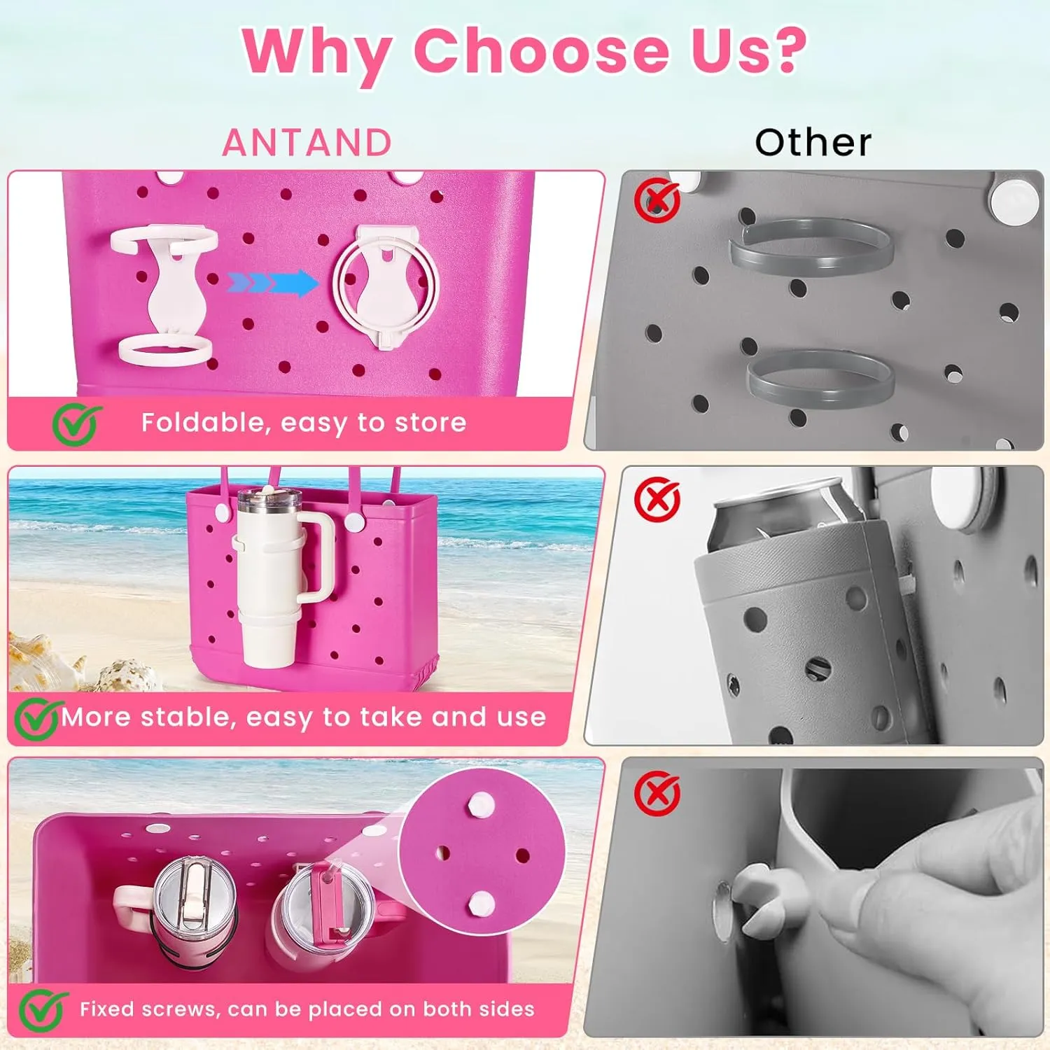 Accessories for Bogg Bag, Cup Holder for 30oz 40oz Stanley Cup, Foldable Drink Water Bottle Holder for All Bogg Bags, Insert Charm Carabiner Key Holder Hooks for Beach Bag