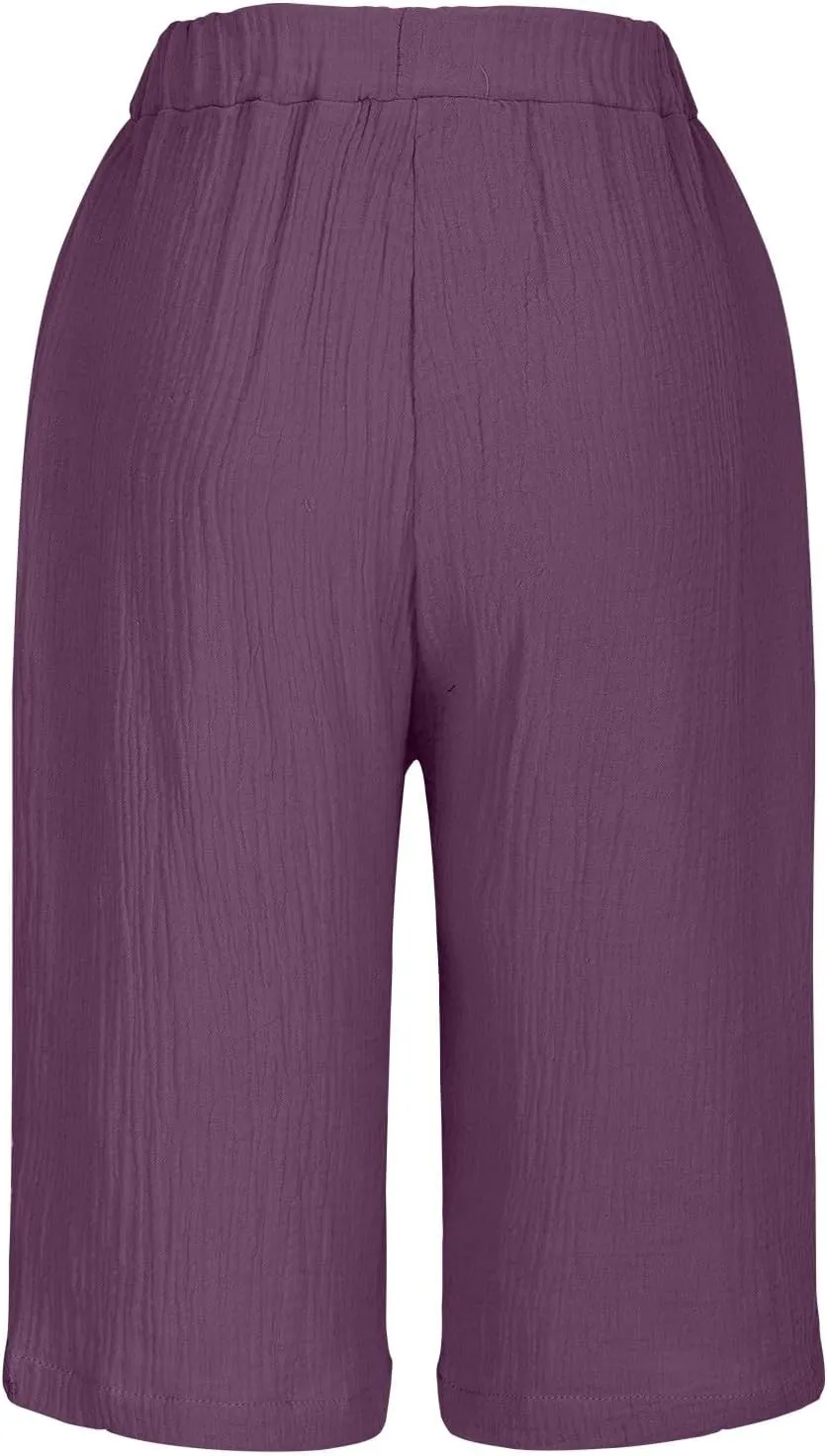 Bermuda Shorts for Women Knee Length Elastic Waist Drawstring Loose Wide Leg Shorts Summer Casual Beach Clothes 2025