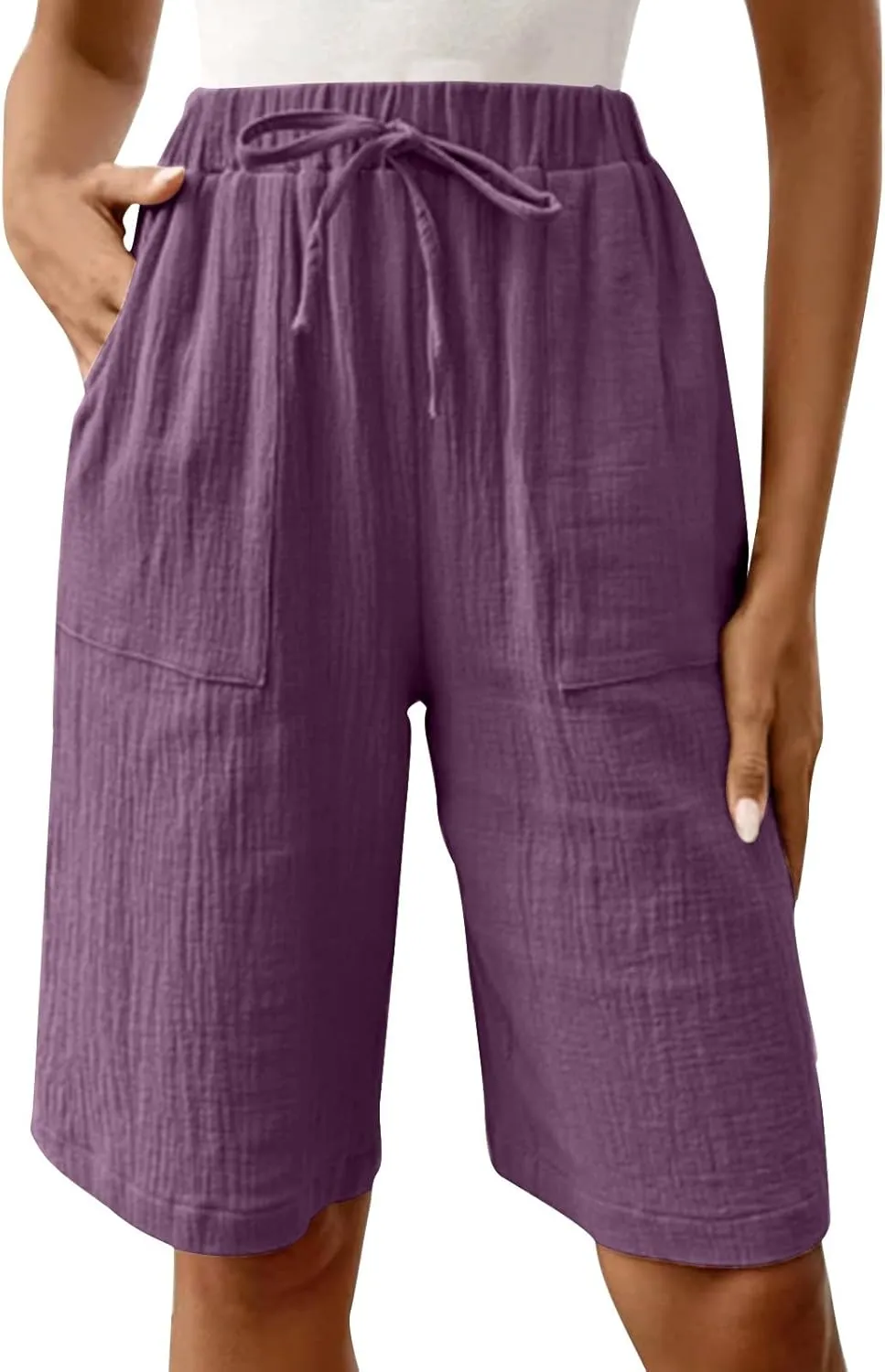 Bermuda Shorts for Women Knee Length Elastic Waist Drawstring Loose Wide Leg Shorts Summer Casual Beach Clothes 2025