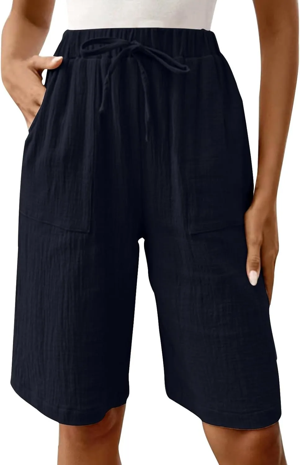 Bermuda Shorts for Women Knee Length Elastic Waist Drawstring Loose Wide Leg Shorts Summer Casual Beach Clothes 2025