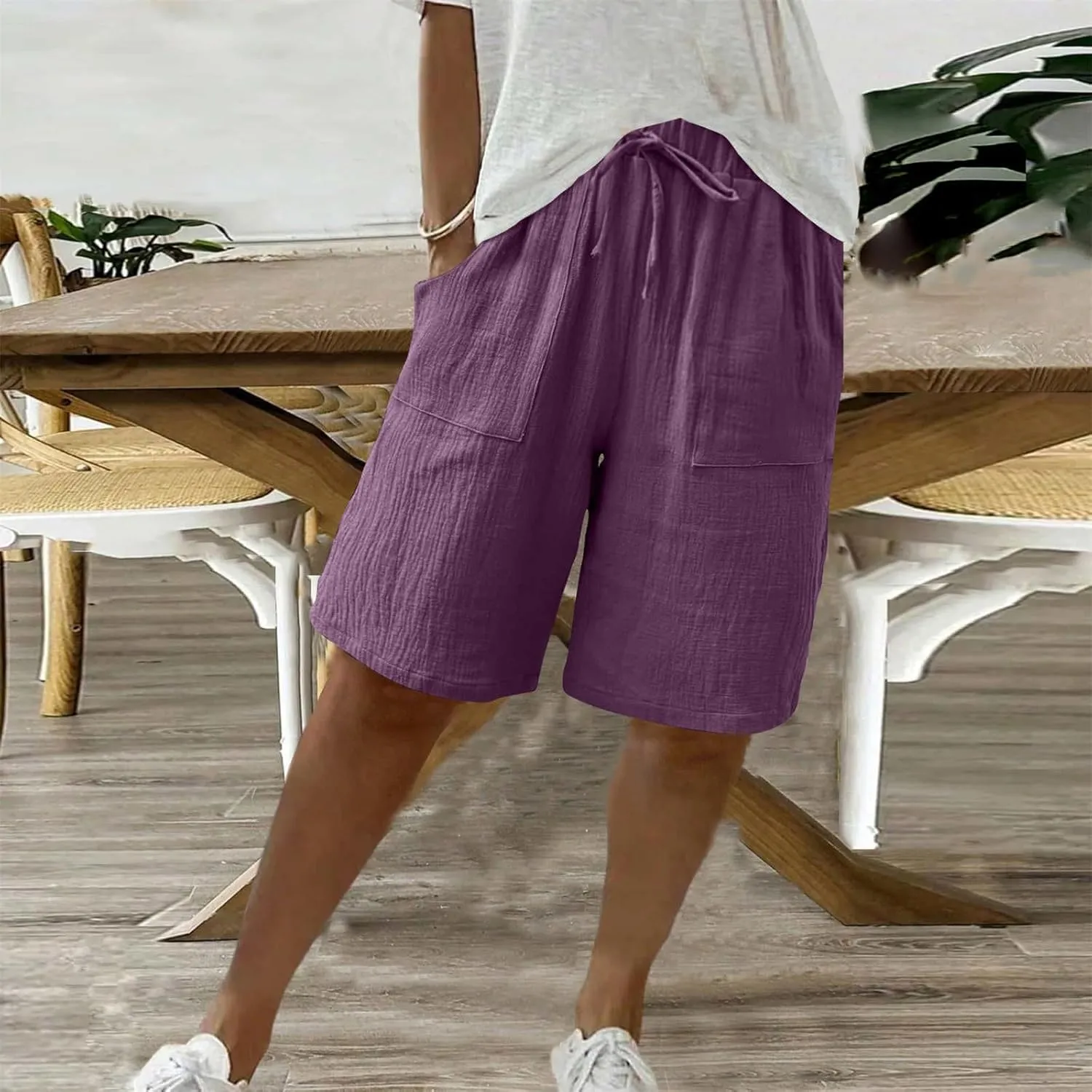 Bermuda Shorts for Women Knee Length Elastic Waist Drawstring Loose Wide Leg Shorts Summer Casual Beach Clothes 2025