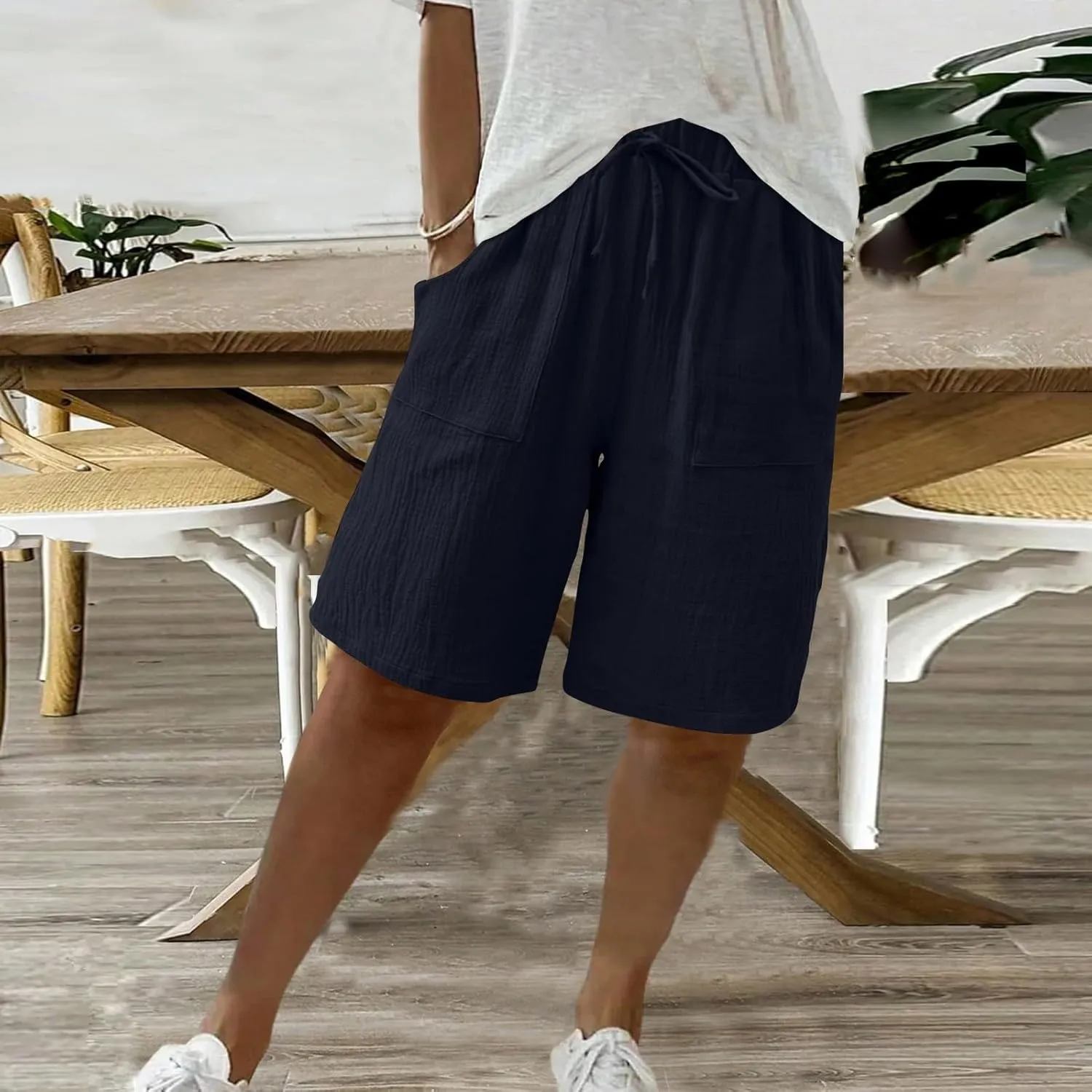 Bermuda Shorts for Women Knee Length Elastic Waist Drawstring Loose Wide Leg Shorts Summer Casual Beach Clothes 2025