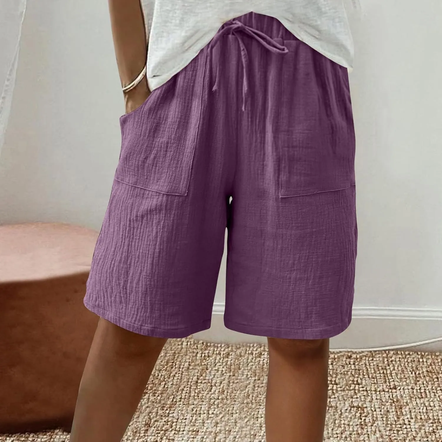 Bermuda Shorts for Women Knee Length Elastic Waist Drawstring Loose Wide Leg Shorts Summer Casual Beach Clothes 2025