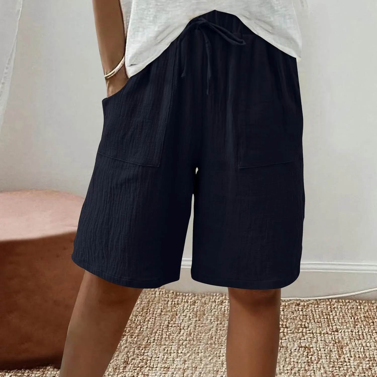 Bermuda Shorts for Women Knee Length Elastic Waist Drawstring Loose Wide Leg Shorts Summer Casual Beach Clothes 2025