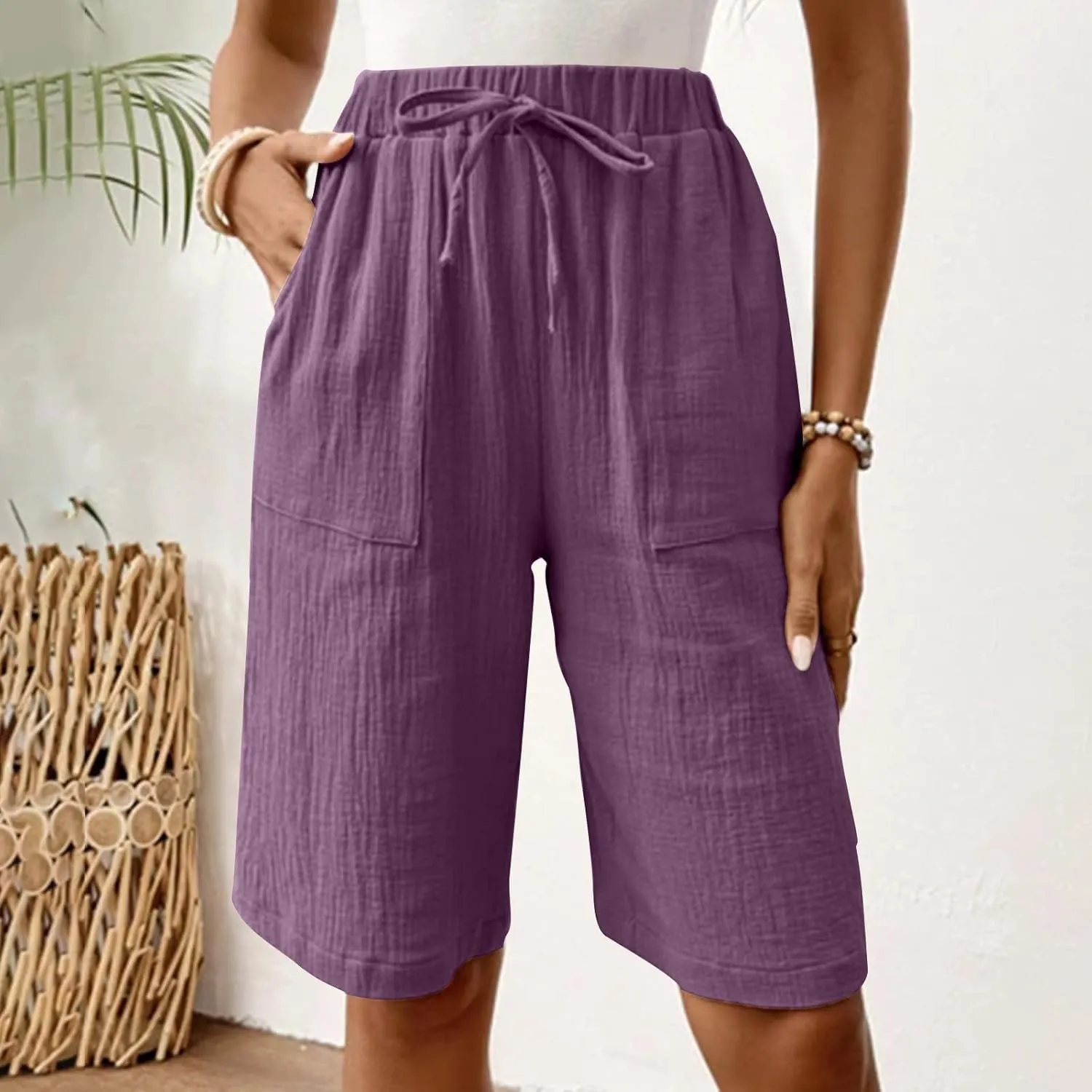 Bermuda Shorts for Women Knee Length Elastic Waist Drawstring Loose Wide Leg Shorts Summer Casual Beach Clothes 2025