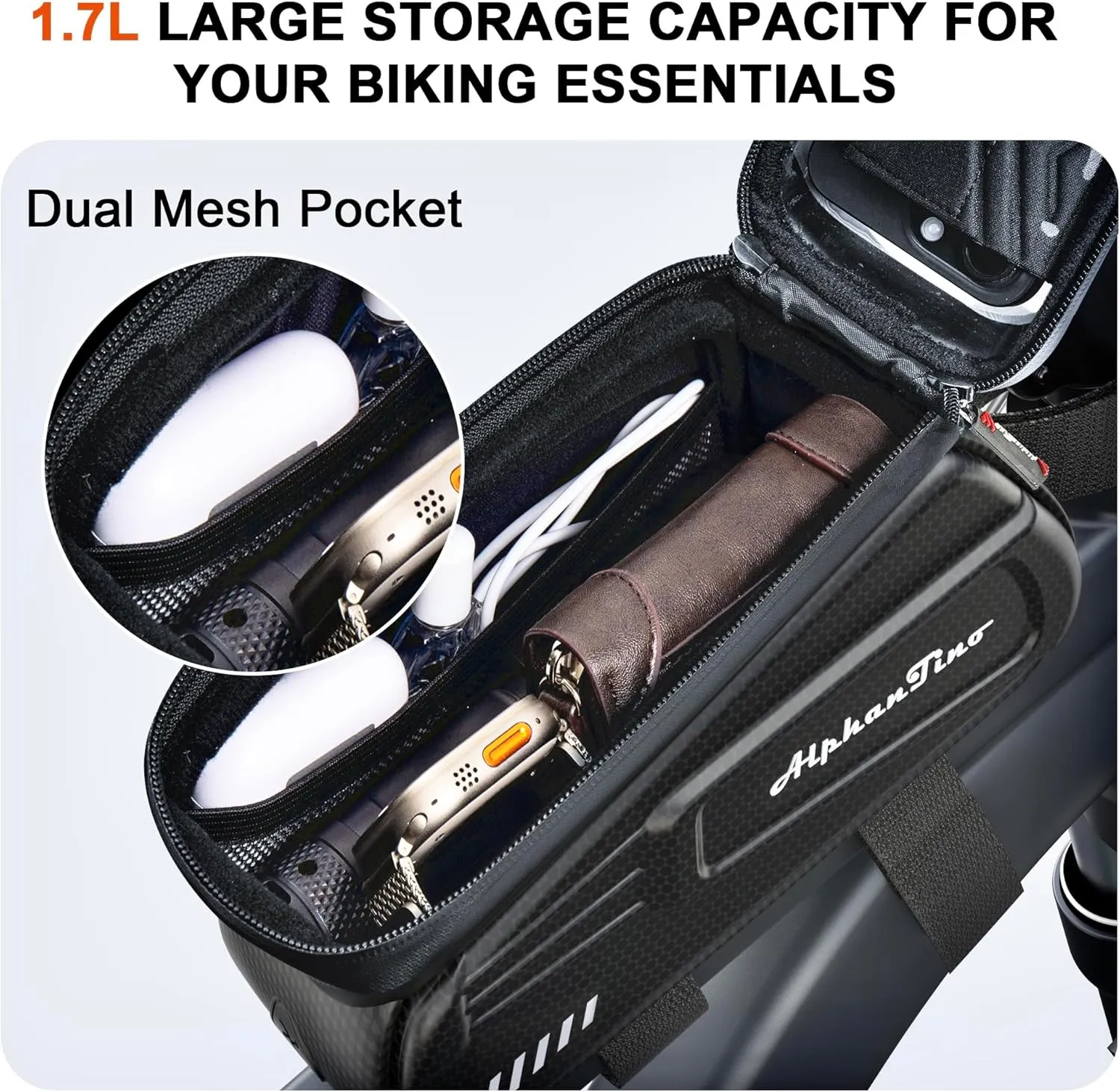 Bike Phone Holder Bag - Waterproof Bicycle Frame Bag Hard Case Large Capacity Top Tube Front Frame Cycling Mount Accessories Pouch, TPU Touch-Screen & Sun-Visor (Red Zipper)