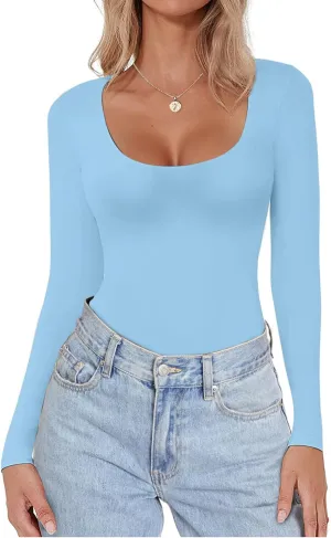 Ekouaer Women Long Sleeve Shirt Scoop Neck Tops Slim Fit Basic Top Thermal Undershirts Base Layer Tee