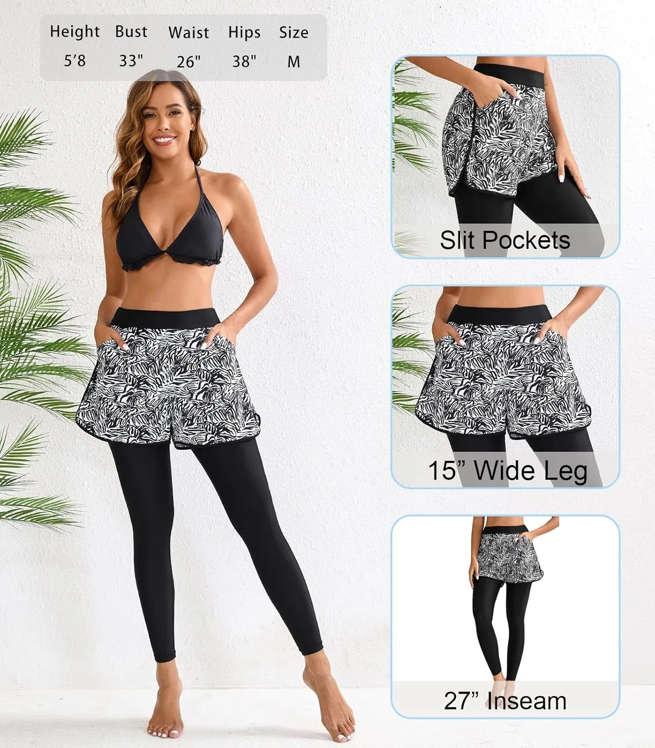 Halcurt Womens Swim Pants with Shorts 27" Swim Leggings Pockets Board Shorts Rash Guard Pants