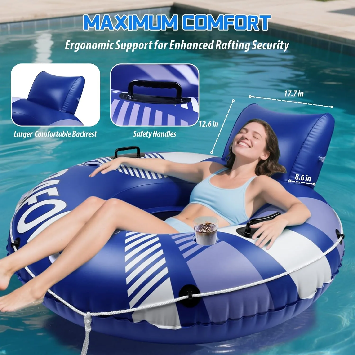 Pool Float Adult, Inflatable River Tube Float, River Tubes for Floating Heavy Duty with Mesh Bottom, Comfortable Backrest & 2 Cup Holders & Durable Grab Handles,450 lbs Weight Capacity