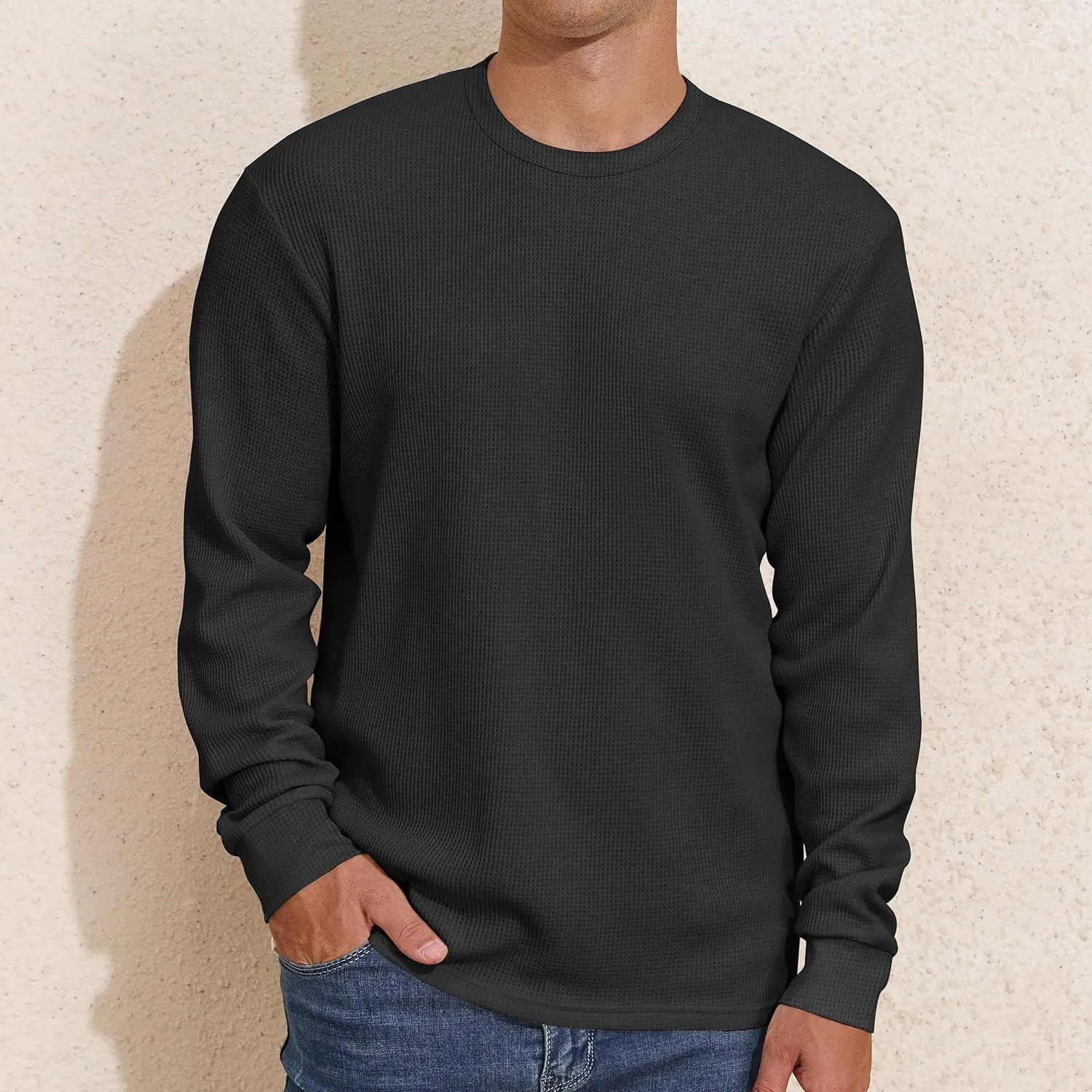 PrettyGuide Men's Long Sleeve Waffle Shirts Casual Lightweight Crewneck Thermal Undershirts Pullover Tops