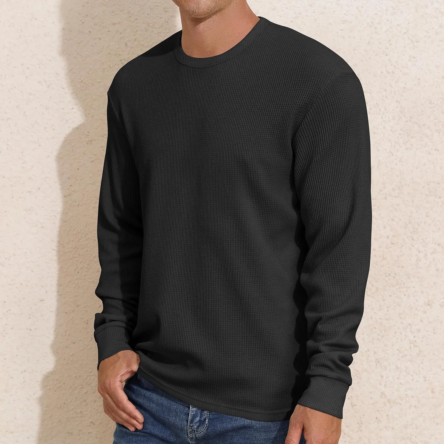 PrettyGuide Men's Long Sleeve Waffle Shirts Casual Lightweight Crewneck Thermal Undershirts Pullover Tops