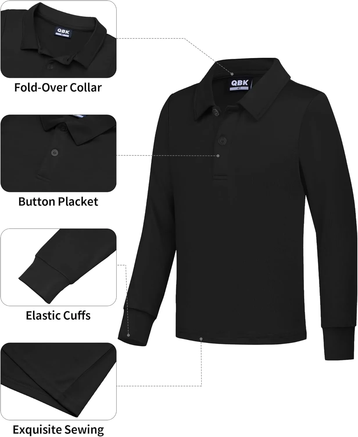 QBK Boys' Performance Polo Kids Collared Golf Shirts Long Sleeve School Uniform for 4T-16Y