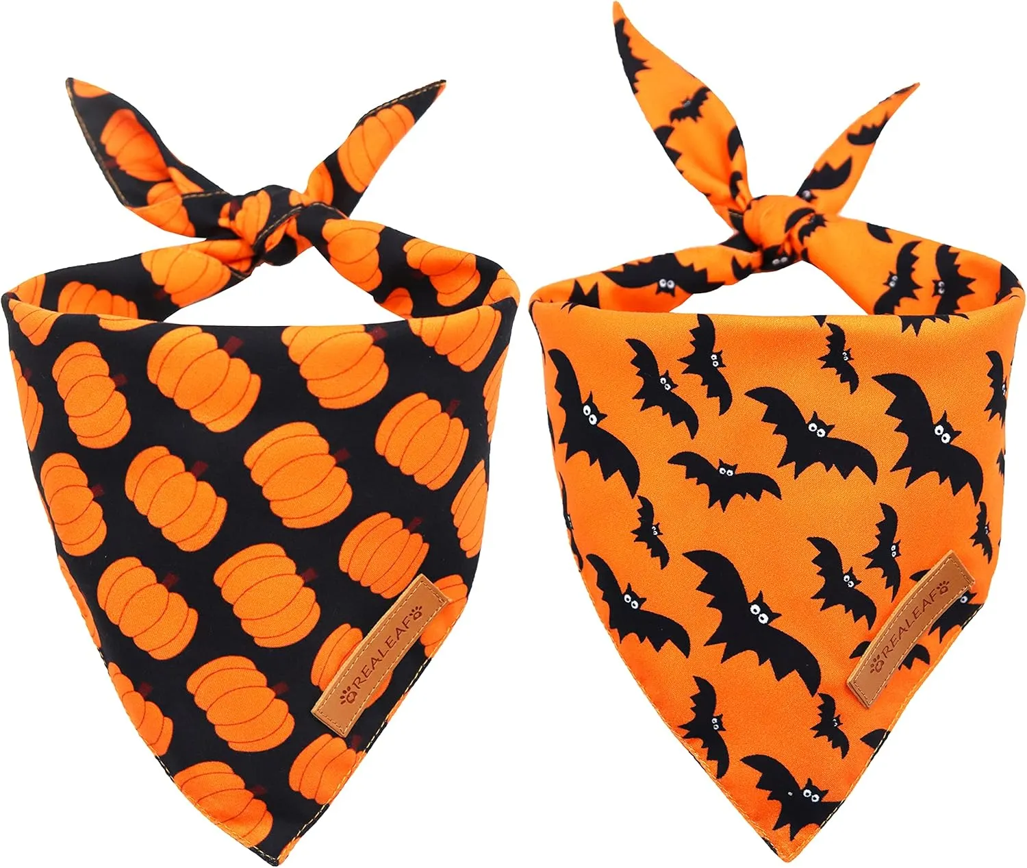 Realeaf Halloween Dog Bandanas 2 Pack - Pumpkin Fall Scarf for Boys and Girls, Premium Durable Fabric, Orange Holiday Accessory for Large and Extra Large Dogs (X-Large)